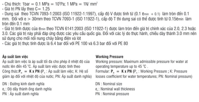 Chú thích về thông số ống nhựa HDPE Đệ Nhất